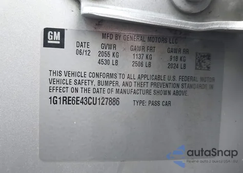 2012 Chevrolet Volt from USA, damaged, VIN 1G1RE6E43CU127886